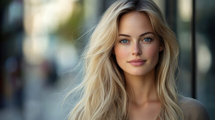 Naklejka premium A portrait of an attractive blonde woman with long hair, wearing casual attire and standing outdoors in the city