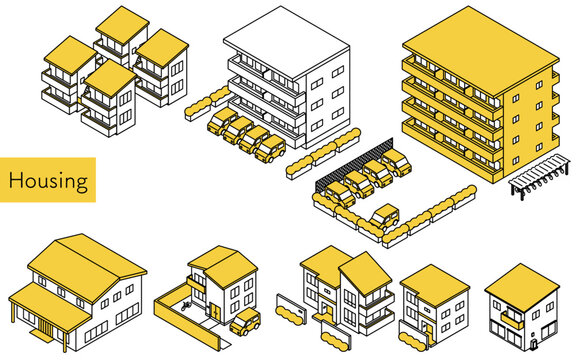 賃貸マンションやアパート、一軒家などの住宅、シンプルな線画のアイソメトリックイラスト