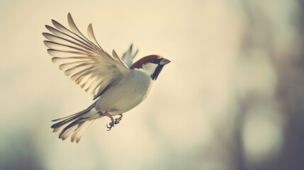 Fototapeta premium A close-up of a sparrow mid-flight with outstretched wings, against a blurred sky background, with space for writing in the lower part of the image.