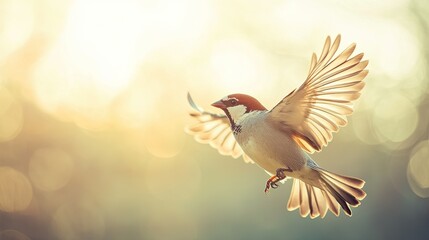 Obraz premium A close-up of a sparrow mid-flight with outstretched wings, against a blurred sky background, with space for writing in the lower part of the image.