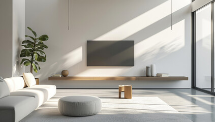 Fototapeta premium a minimalist living room with a floating TV stand and minimal accessories