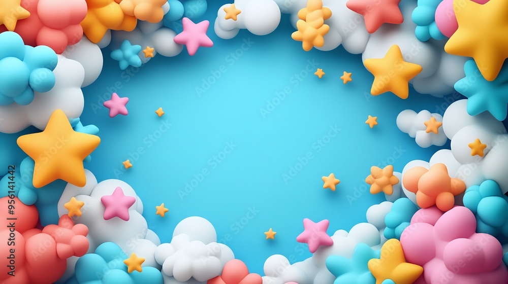 Wall mural d cartoon clouds and stars blue background