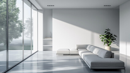Fototapeta premium a minimalist living room with open space and uncluttered surfaces
