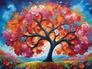 An illustration of a colorful tree with blossoming flowers stands against a swirling sky