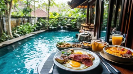 Obraz premium Enjoying a delicious breakfast by the serene poolside in a tropical setting surrounded by lush greenery during a bright morning