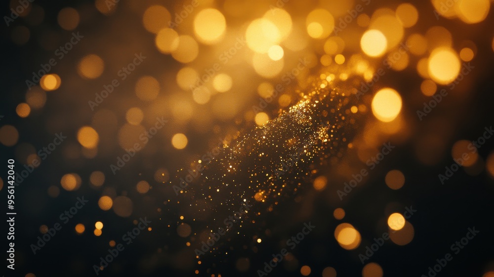 Poster golden sparkles shimmer in the air, creating a dazzling effect against a dark background during a fe