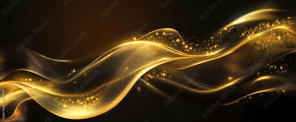 Poster abstract gold wave design with sparkling particles flowing on black background. high quality photo