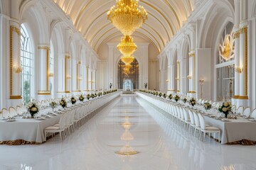 Fototapeta premium A luxurious banquet hall featuring high ceilings, long dining tables, and golden chandeliers