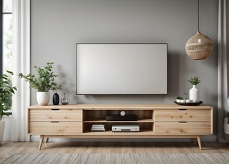 TV on the cabinet in modern living room on white wall background. 3d illustration
