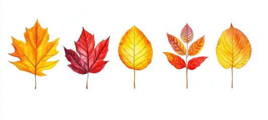 Obraz premium Colorful autumn leaves in various shapes and shades displayed on a white background highlighting fall\'s beauty and diversity