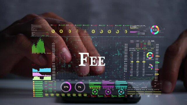 A men using AI smart phone for analyze a stock market exchange. fee text on business data number futuristic hologram background.