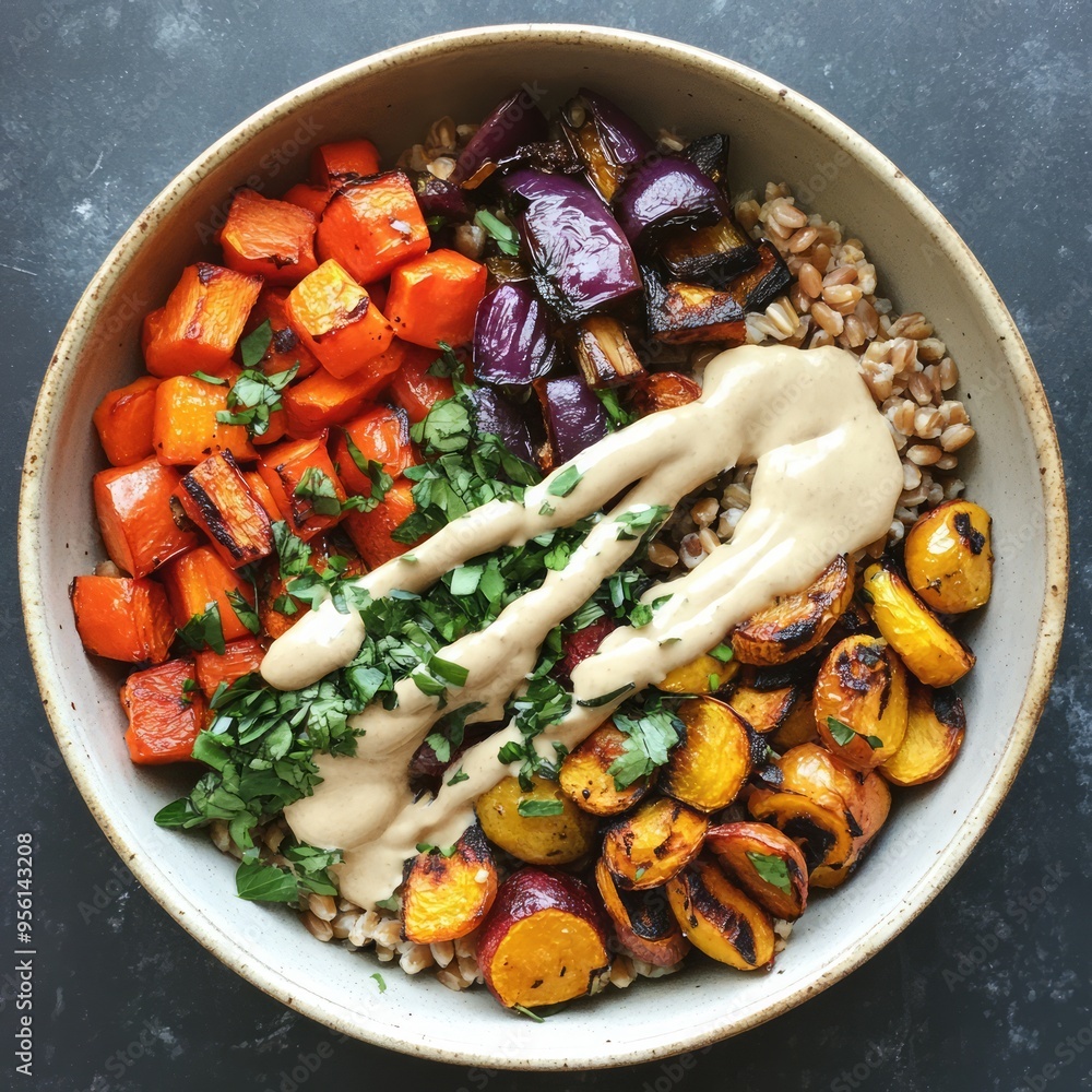 Poster A colorful and healthy bowl with roasted vegetables, grains, and a creamy sauce.