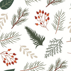 Seamless winter pattern with plants and berries