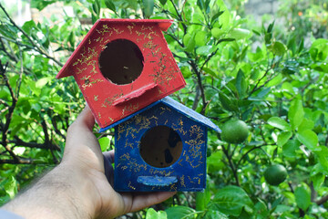 Small bird standing on wooden birdhouse in spring garden, A small painted wooden birdhouse isolated on a white background