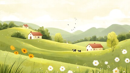Idyllic Rural Landscape with Houses  Green Hills  and Flowers