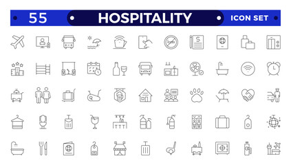 Set of outline icons related to the hospitality industry. Travel set. Summer vacations and holiday symbol vector illustration. traveling tourism elements.