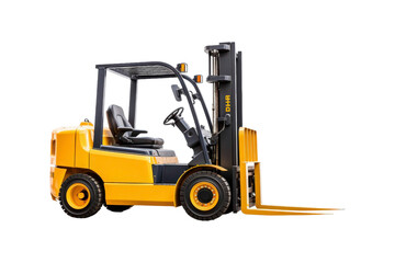 Yellow forklift with black forks and a seat. Suitable for industrial, construction, warehouse, logistics, and transportation themes