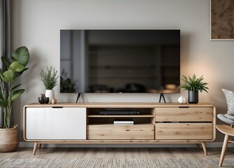 TV LED on the cabinet in living room interior wall mockup on concrete wall background,3d rendering
