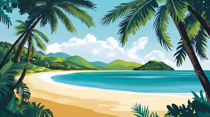 Obraz premium Tropical Beach Scene with Palm Trees Blue Water and White Sand
