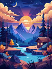 Tranquil Mountain Cabin with a Crescent Moon and Sunset