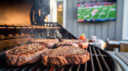 Grilling steaks on a barbecue grill outdoors with a TV showing a football game in the background, perfect for a backyard party.