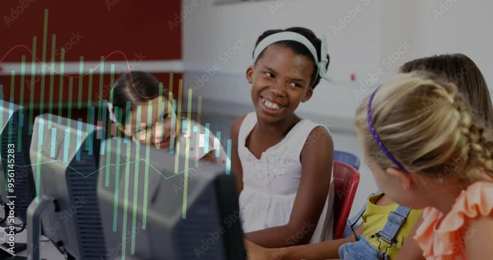 Poster financial data processing animation over children using computers in classroom