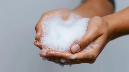 A closeup of hands lathering with soap, following proper handwashing techniques, with bubbles forming on the skin
