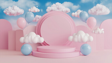 Whimsical pink and blue cloud-themed 3D podium backdrop with balloons, perfect for product display and creative designs.