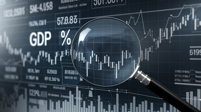Stock market data analysis with magnifying glass focusing on GDP and financial graphs representing economic growth and percent changes.