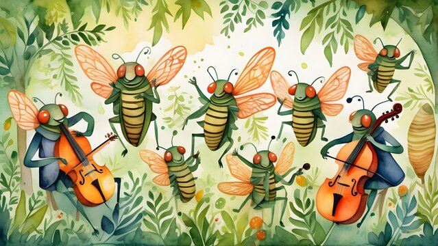 watercolor illustration summer scene oversized cicadas with human like expressions.