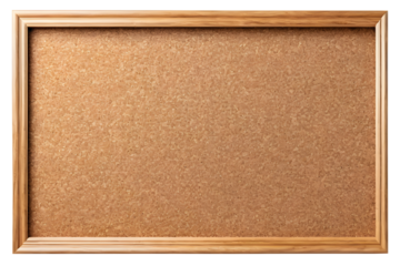 Empty bulletin board with a wooden frame isolated on a transparent or white background.