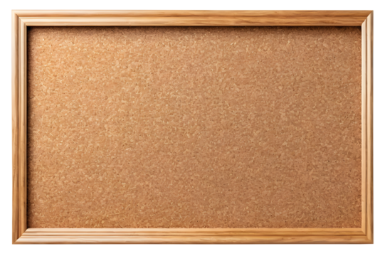 Empty bulletin board with a wooden frame isolated on a transparent or white background.
