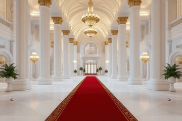 Fototapeta premium A grand palace entrance hall featuring towering columns, a red carpet