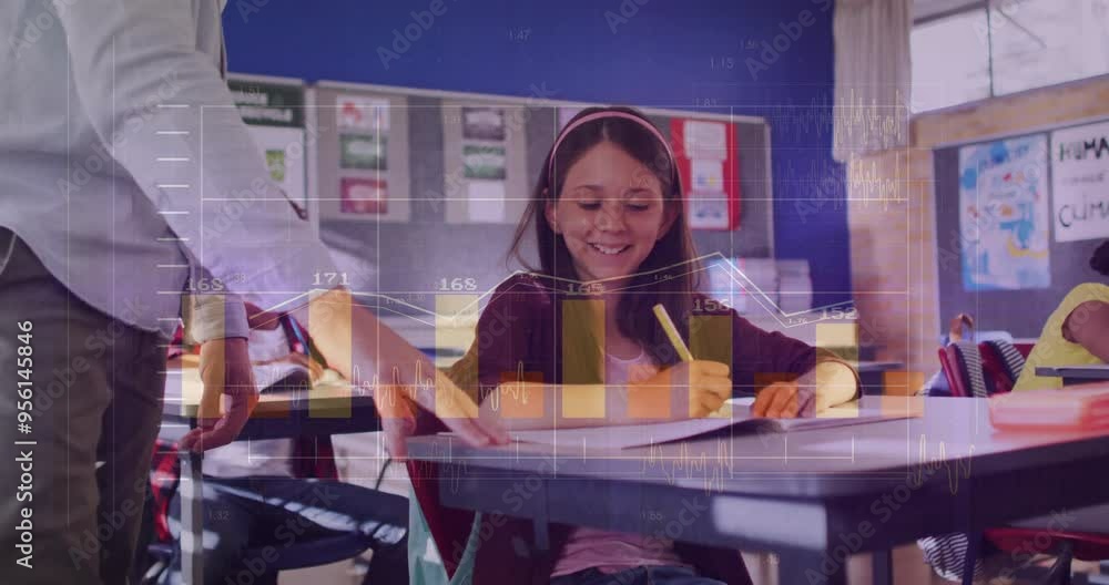 Poster financial data processing animation over students studying in classroom
