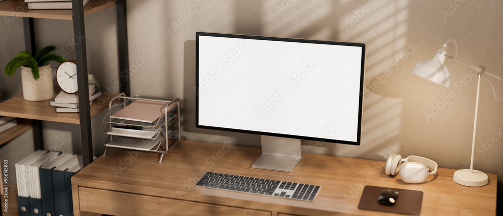 Poster a minimalist computer desk featuring a computer and decor on the wooden desk in a room.