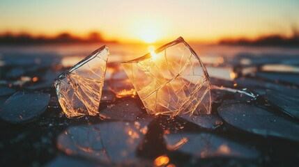 Broken glass against the backdrop of the setting sun