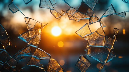 Broken glass against the backdrop of the setting sun