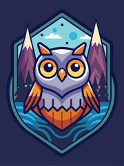 Obraz premium Cartoon Owl with Orange Feathers in a Mountain Landscape