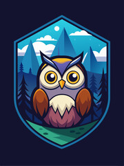 Cartoon Owl in a Mountain Landscape