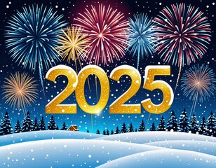 Happy New Year 2025 with Fireworks and Winter Landscape