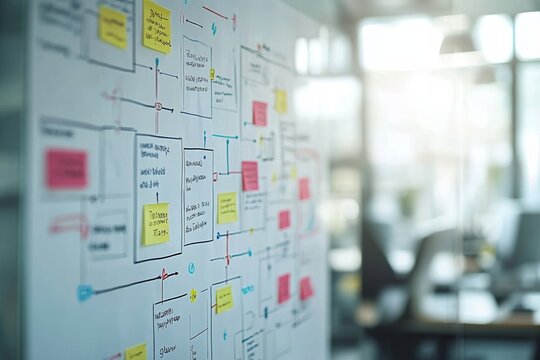 Business plan flowchart on a whiteboard in a conference room, collaborative planning session.