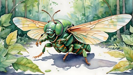 cicada performing an exaggerated dance on the ground whimsical cartoonish movement.