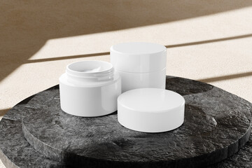 White cosmetic cream jar on rock podium with beige concrete background for product presentation mockup rendering