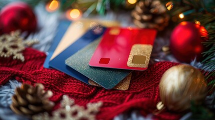 Merry Christmas Credit Cards on Red and Gold Background with ball and snowflakes