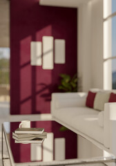 A close-up image of a modern mirror glass coffee table in a modern red living room.