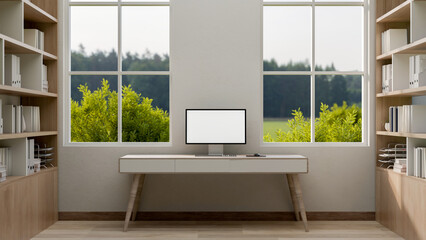 A contemporary, minimalist private office workspace features a computer desk.