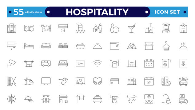 Set of outline icons related to the hospitality industry. Travel set. Summer vacations and holiday symbol vector illustration. traveling tourism elements.  Editable stroke outline icon. 