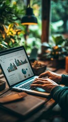 Hands typing on a laptop with a business plan document open, digital strategy planning.