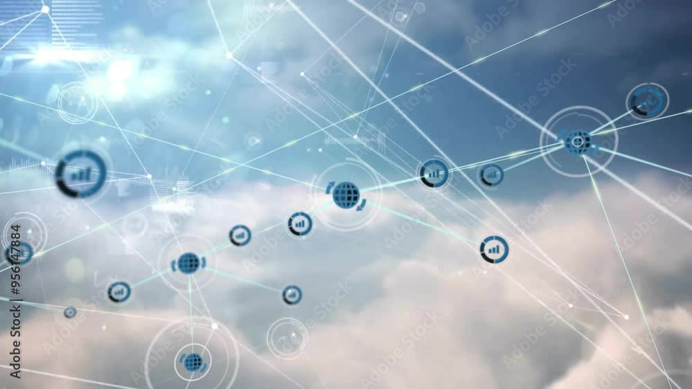 Poster network of connections and data processing animation over cloudy sky