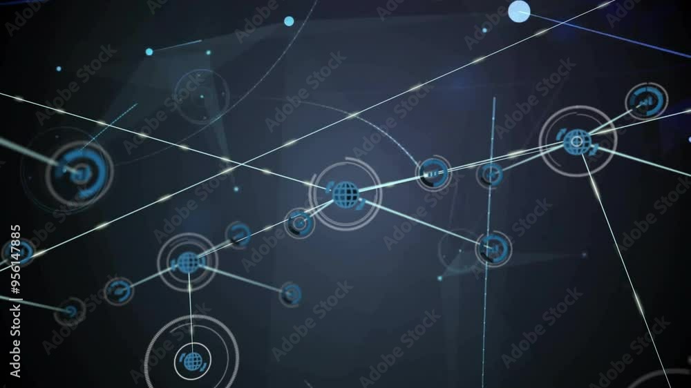 Poster network of connections and data processing animation over dark background